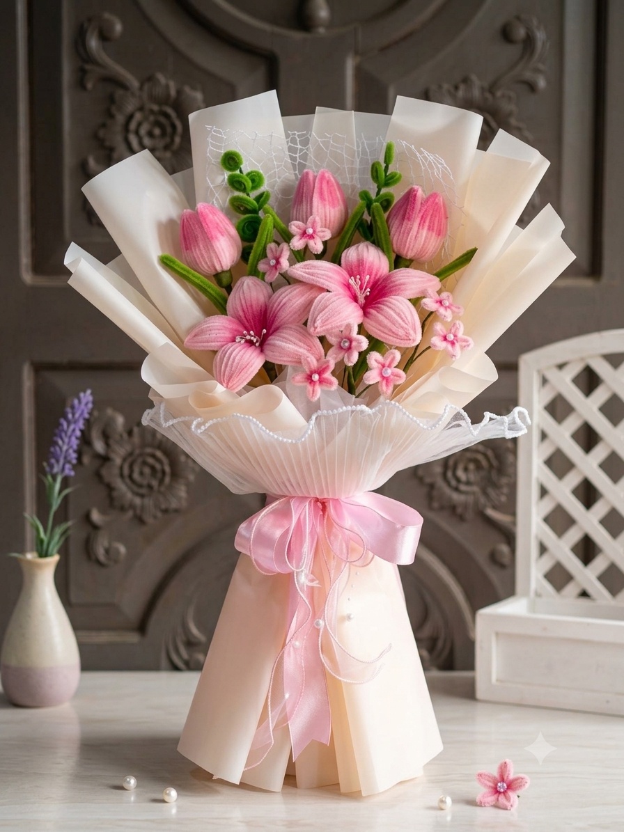 Handcrafted Bouquet — Pink Tulips & Lilies
