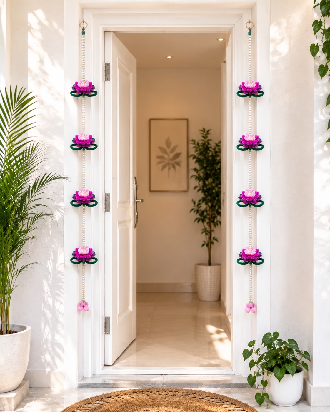 Purple Lotus Latkan — handmade festive flower hanging — view 3